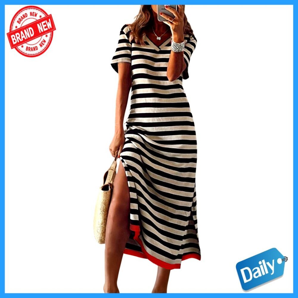 Striped Maxi Dress Casual Summer Split Side T-Shirt Style Trendy